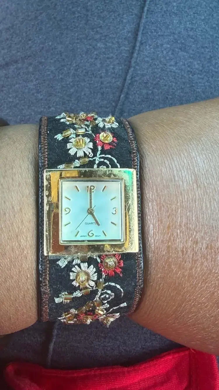 Vintage Avon Boho Floral Embroidered Wide Cuff Watch Beaded Sequined Square Gold